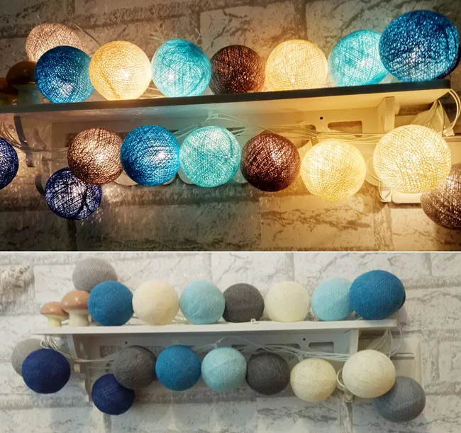 Navy blue light blue Gray Tone mixed Handmade cotton ball String Fairy lights Party Patio ...