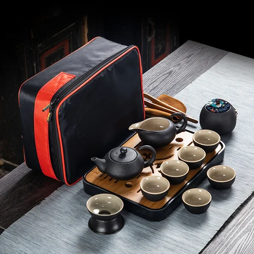 Chinese Style Ceramics Black Kung Fu Tea Set Suit One Teapot and Six Cups Carrying Case Travel Tea Set - Цвет: B