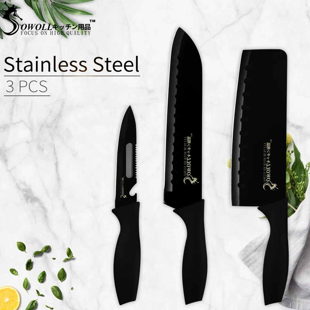 

Sowoll Stainless Steel Knife Chopping Santoku Utility Kitchen Knives Set Japanese Style Nakiri Kitchen Knives Set ABS+TPR Handle