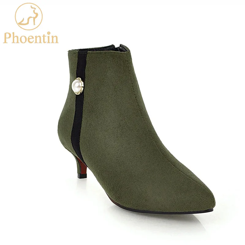 Серо-зеленого цвета с молнией женские ботильоны новые каблуком «рюмочка»; сапоги осень размера плюс мягкое покрытие(флок), заостренный носок, женские ботинки на плоской подошве черные PHOENTIN PH103