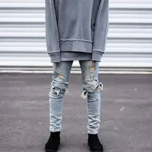 Hip hop привет-улица для мужчин kanye west ripped байкерских джинсы мотоцикл тощий slim fit черный джинсовые брюки уничтожено хабар бегунов