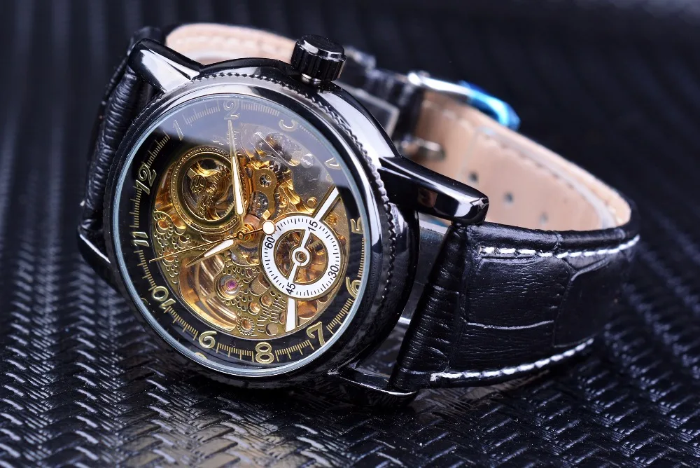 Forsining полый гравировальный Скелет Повседневный дизайнерский черный золотой чехол Шестерня ободок часы мужские роскошные брендовые автоматические часы