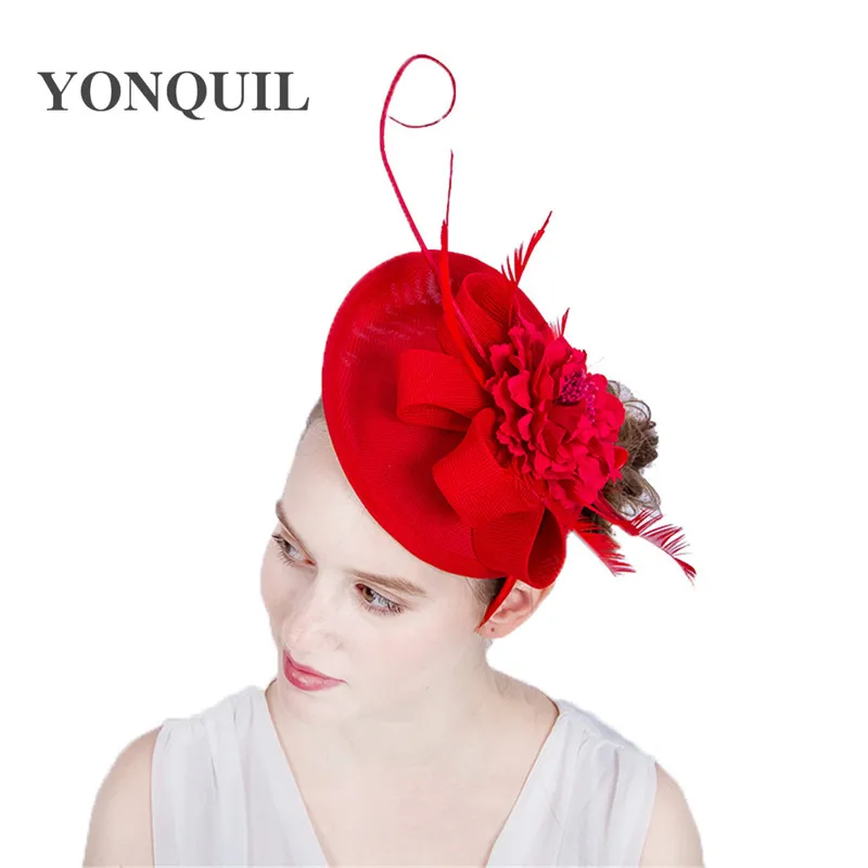 

red bow fascinator for horse racing festival wedding boutique 2019 imitation Sinamay fascinator hat with feather flower 15colors