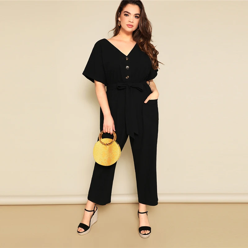 SHEIN Plus Size Button Front Wide Leg Belted Jumpsuit Women Spring Summer Casual V Neck Short Sleeve Longline Jumpsuits