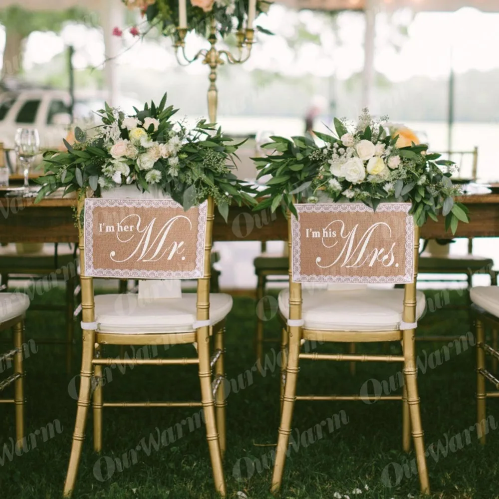 OurWarm Burlap Chair Banner Groom and Bride Photo Props Anniversary Hanging Signs Set Chair Decor Vintage Wedding Decoration