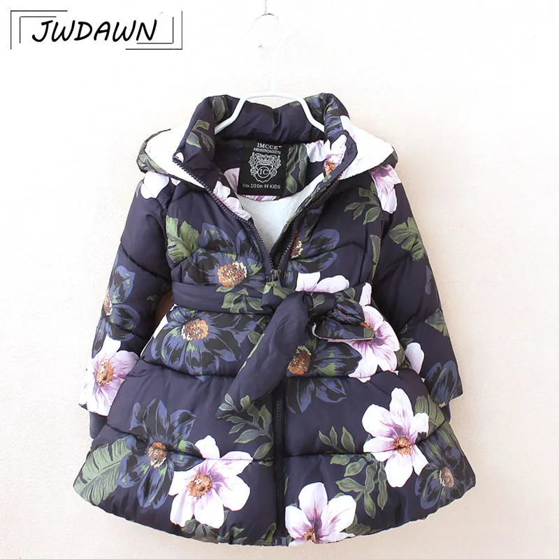 navy Blue Куртки для девочек; пальто для девочек; коллекция года; Лидер продаж; детские куртки; парка с принтом в цветочек; пальто; теплые флисовые плотные куртки с капюшоном для детей - Цвет: navy Blue