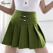 Rapcopter Высокая талия армейский зеленый плиссированная мини-юбка Повседневная летняя Femme корейский стиль юбки женские Harajuku ElasticJupe Femme