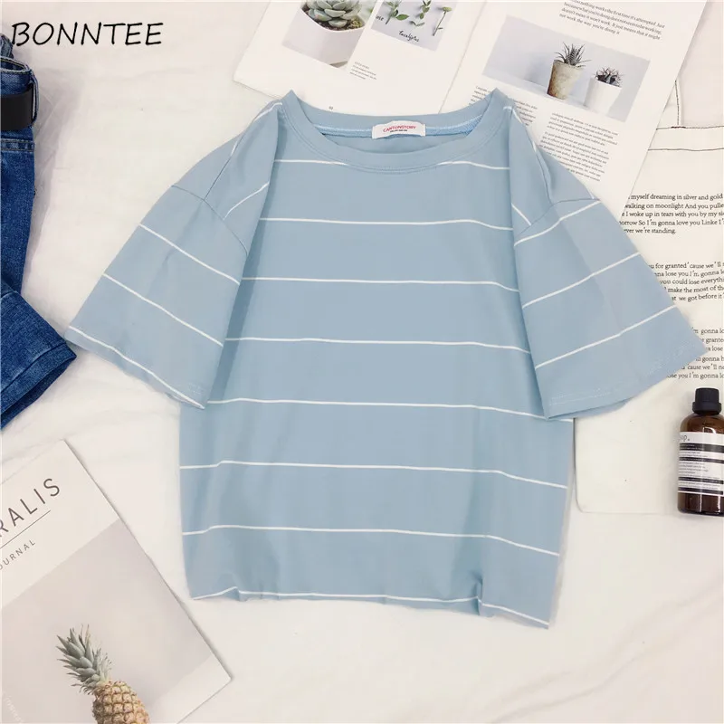 

T-shirts Women Korean Style Simple Daily Trendy Elegant Womens Clothing All-match Striped Short Sleeve Loose Leisure Chic O-Neck
