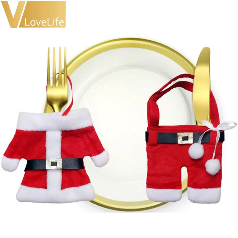 

2pcs/set Handmade Christmas Santa Clothes and Pants Cutlery Silverware Holder Pockets Knives Forks Bags Xmas Party Table Decor