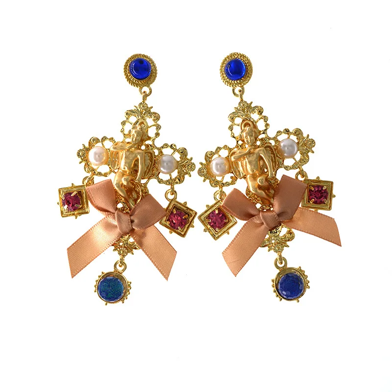

The new exaggerated European and American clubs retro baroque style bow cross women angel earrings earrings 923