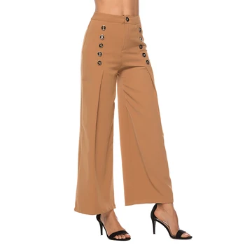 

High Waist Wide Leg Pants Office Lady Buttons Long Trousers 2019 Women Plain Workwear Pants
