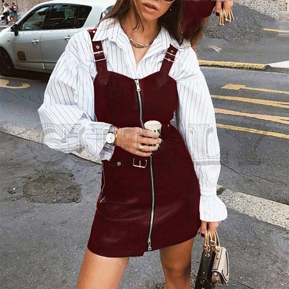 

CUERLY PU leather women sports dress V neck zipper belt mini sexy dress Vest strap ladies short party dress sundress vestidos
