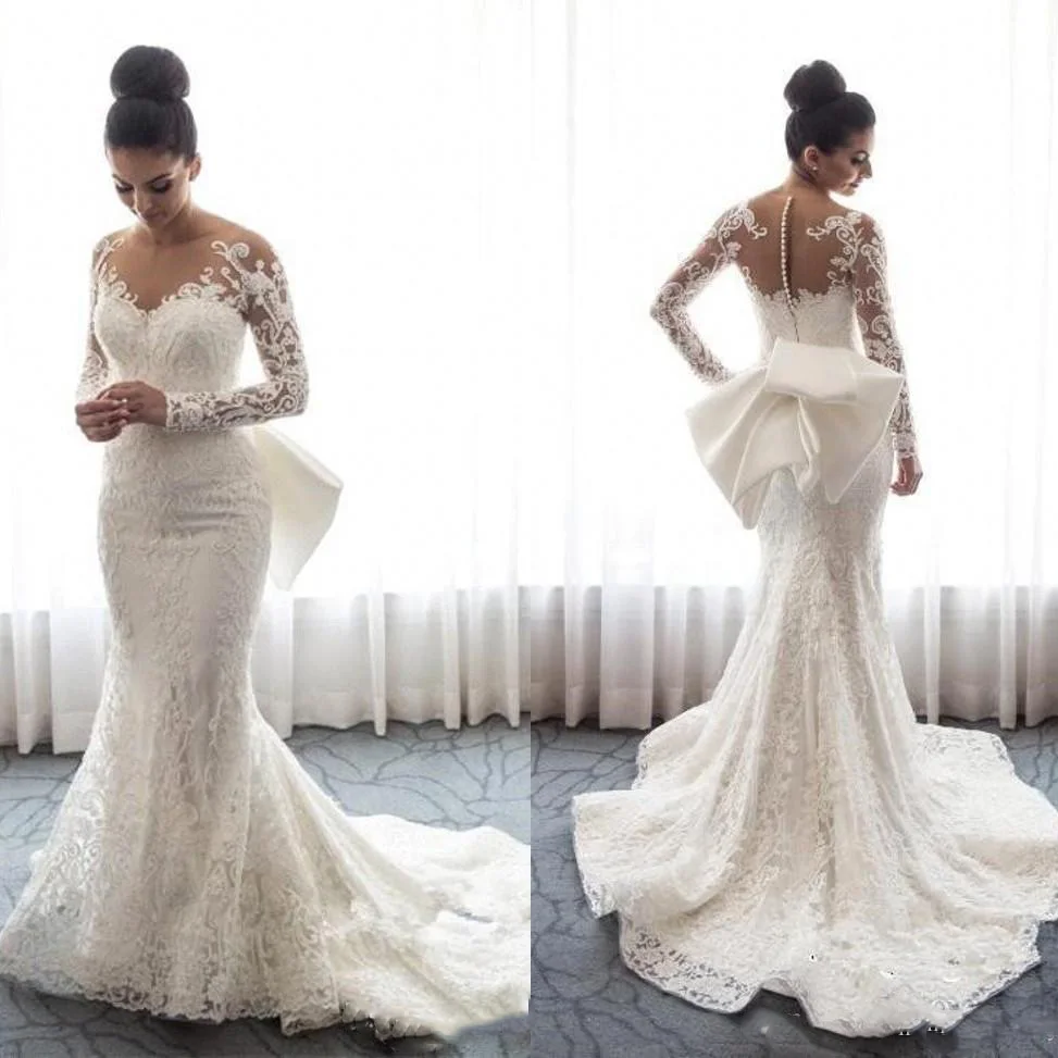 2020 Sheer Lange Mouwen Lace Mermaid Trouwjurken Tulle Applique Wedding Bruidsjurken Met Afneembare Rok Vestido de noiva 2020 Sheer Lange Mouwen Lace Mermaid Trouwjurken Tulle Applique Wedding Bruidsjurken Met Afneembare Rok Vestido de noiva
