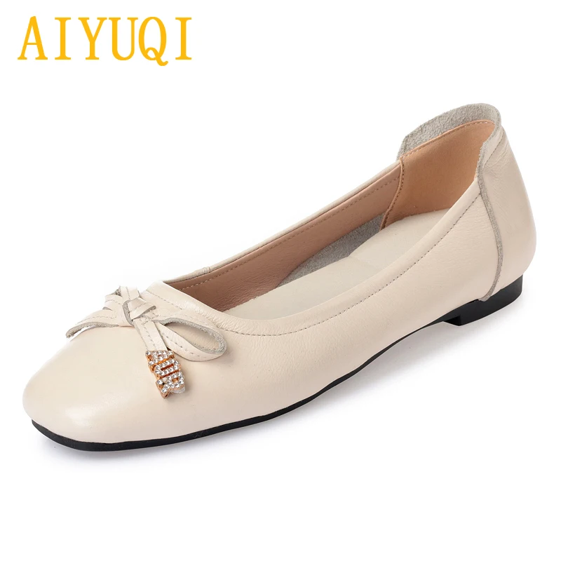 

AIYUQI Women flat shoes 2019 spring new genuine leather women casual shoes , fashion big size 41 42 43 bow mother shoes