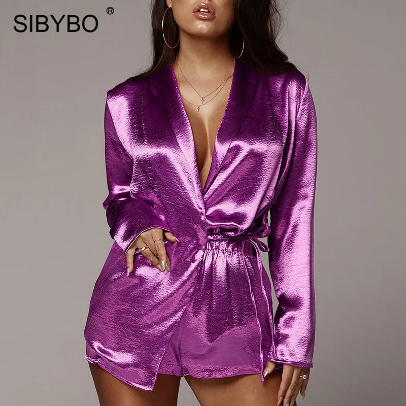 

Sibybo Deep V Drawstring Autumn Two Piece Set Women Turn-down Collar Sexy Women Coat and Shorts Set Casual Women Set 2 Piece