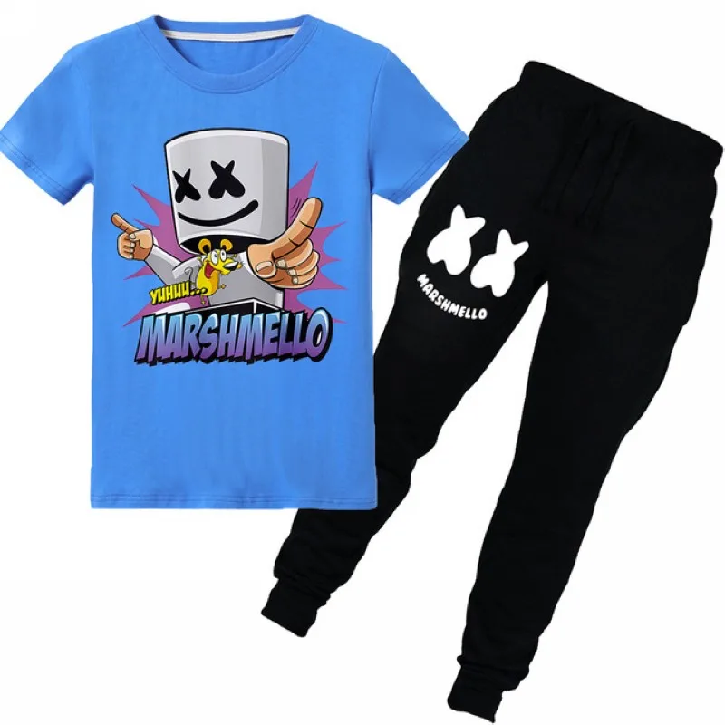 Лето 2019 г. маска диджея Marshmello принт узор Детская Хлопковая футболка для маленьких мальчиков + штаны 2 шт. fornite игры обувь девочек топ детская
