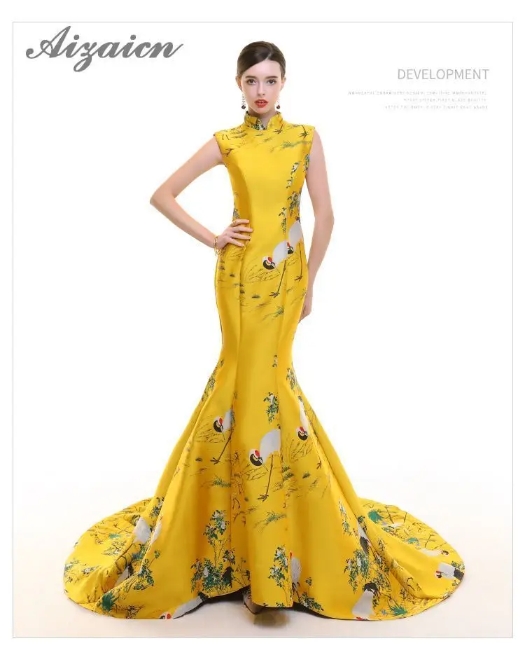Желтый кран атлас вышивка Cheongsam Роскошные шлейфом китайская мода платье Элегантный Восточный вечерние платья 12 Стиль пользовательские
