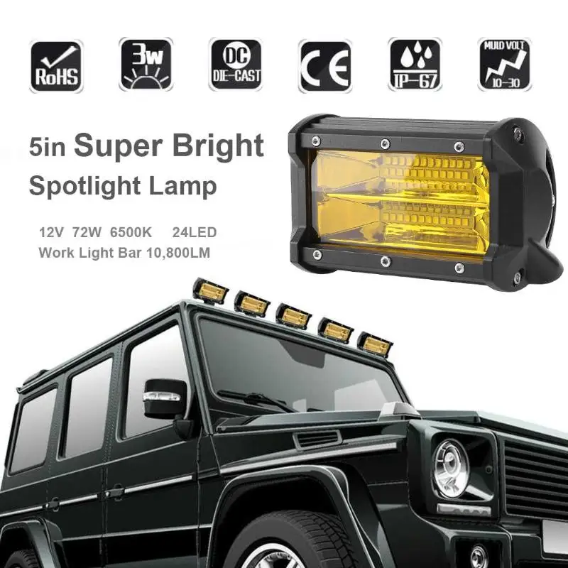 

24 LED Yellow Lens Work Light 60W Bar Bulb 12V 24V Spot Flood Lights 5in 6000LM 12V Spotlight Lam for Offroad Truck Car Boat