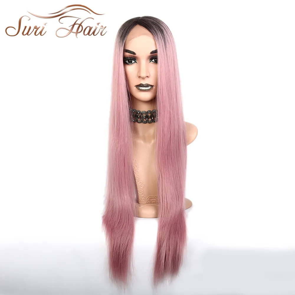 Suri 30inche Longo Sintético em Linha Reta Peruca Dianteira do Laço do Cabelo Rosa Ombre Raízes Negras de Fibra Resistente ao Calor Parte Lateral para Mulheres Cosplay 4 Peruca Dianteira Do Laço Do Cabelo Rosa