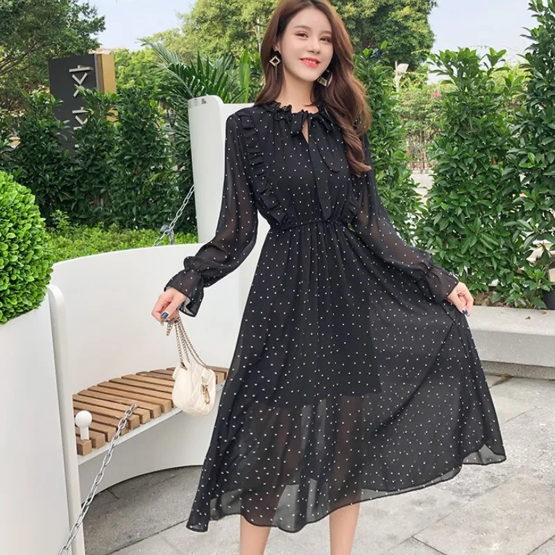 

Elegant Dot Print Flare Sleeve Women Long Dresses Spring 2019 Ruffle Patchwork Lace-up Chiffon Dress Party Ladies Black Dress