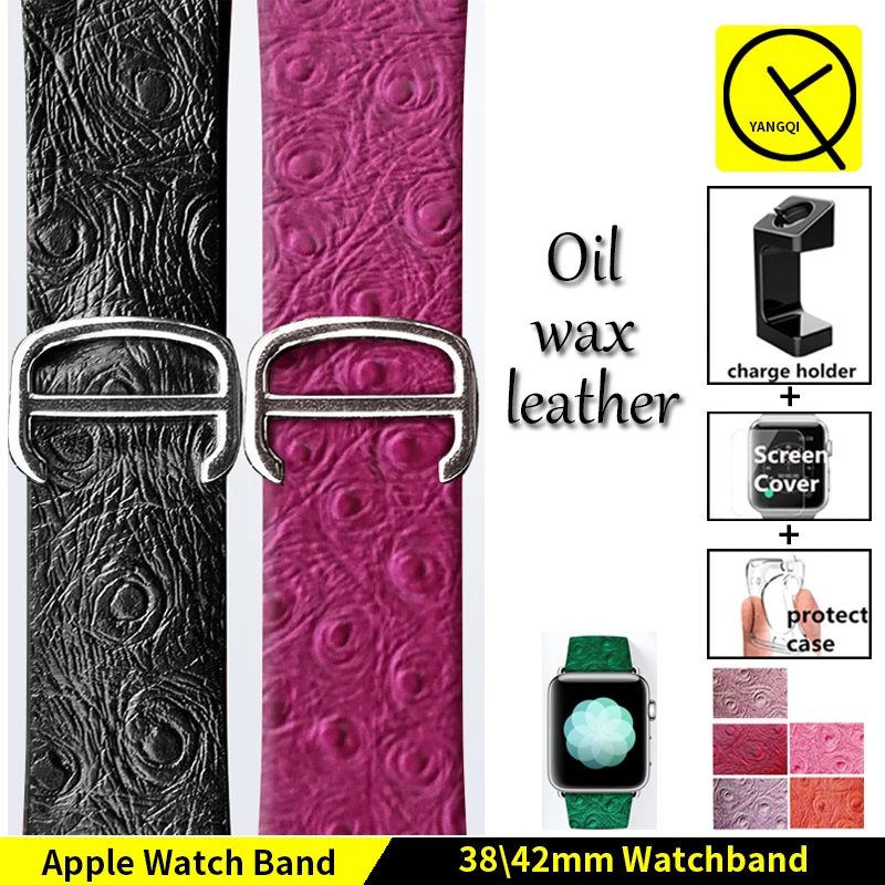 

Oil Wax Peacock Pattern Watchband for Apple Watch Series1/2 Iwatch Genuine Leather Strap Bracelets Lady Woman +Adapters+Gifts