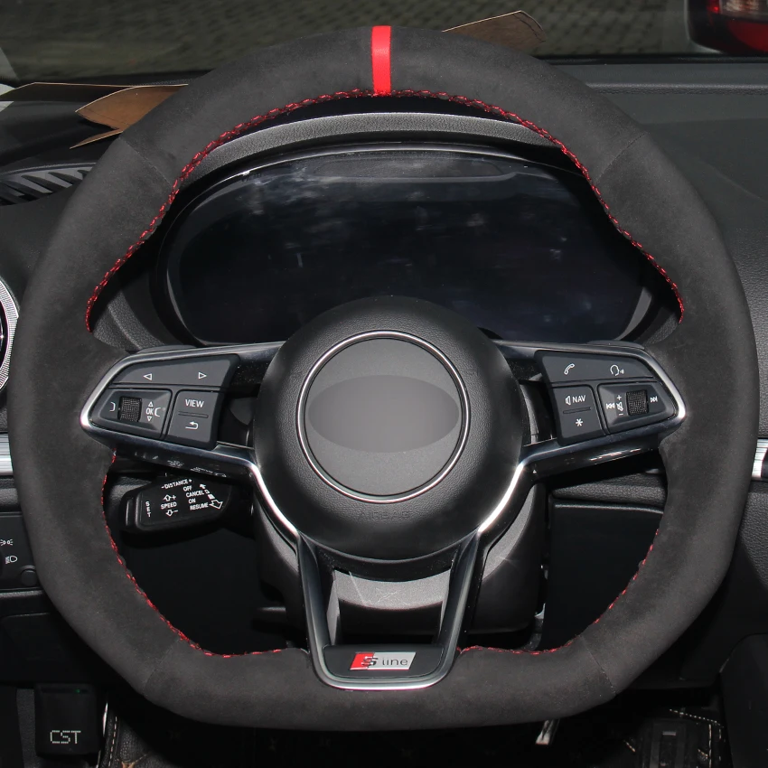 Black Suede Red Marker Car Steering Wheel Cover for Audi TT 2017in