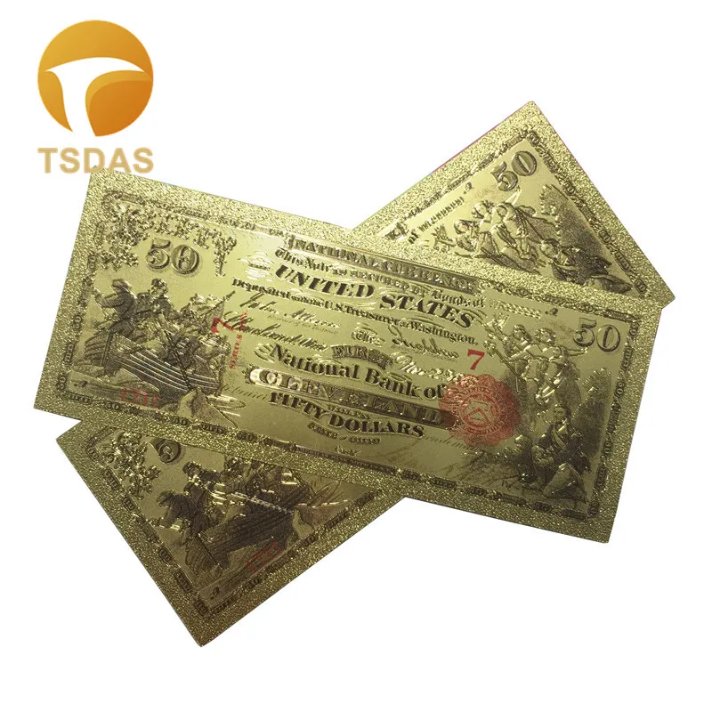 

10pcs Souvenir American Banknotes 1875 Year 50 Dollars 24k Gold Plastic Banknote Bills Currency Paper Money Free Shipping