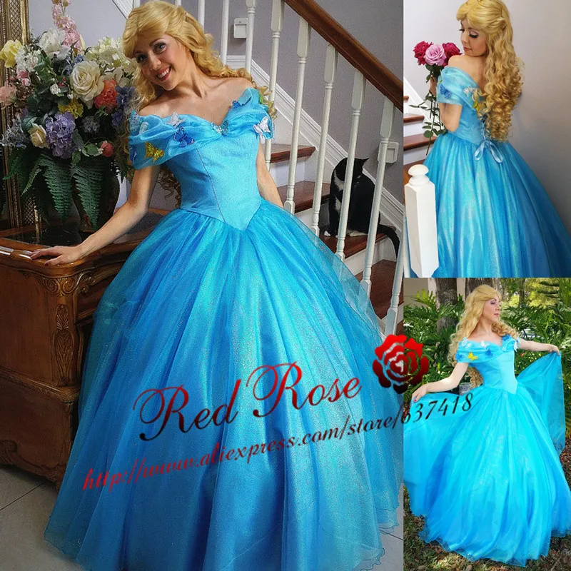 

Cinderella Movie Cosplay Lace up Back with Butterfly Appliques Cinderella Costume Dress Adults Quinceanera Dresses