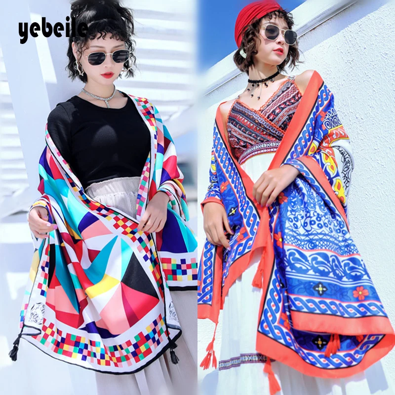 

YebeileSeaside Holiday Sunscreen BeachTowel Ethnic Wind Scarf FemaleTasselLargeShawl Spring Summer Travel Silk Scarf cool towel