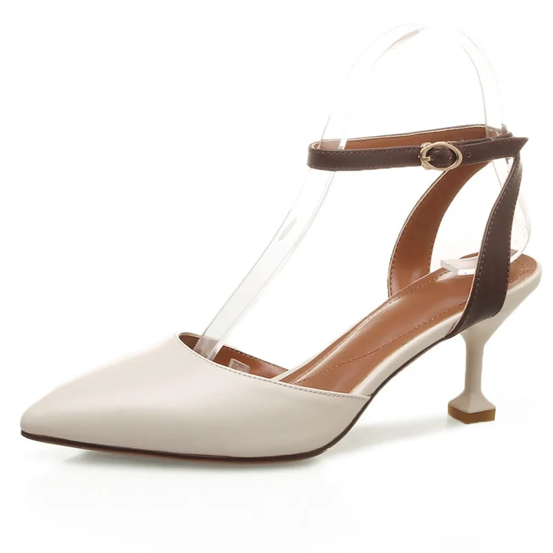 Marque Mode Élégant Bout Cuir Bride Cheville La Conasco Vache Talons Beige Mariage Hauts Femme Bureau De Parti En marron Pompes Chaussures À Pointu d5wvH