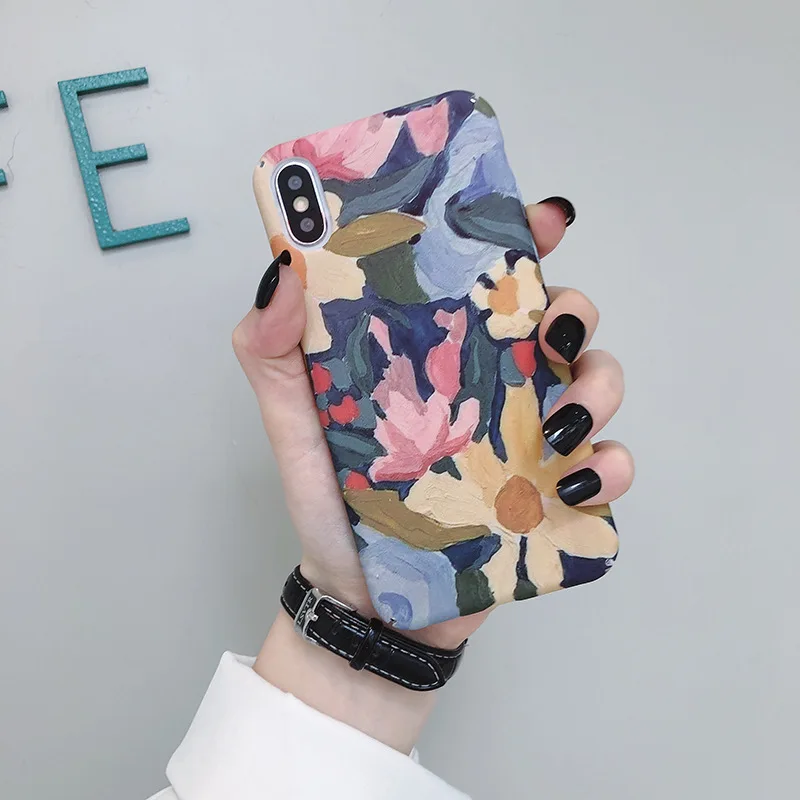 

Oil Painting Flower PC Hard Shell feel Phone Case for iPhoneX XR XS XSMAX Matte Graffiti Hard Phone Case for iPhone7 8 6 Cover