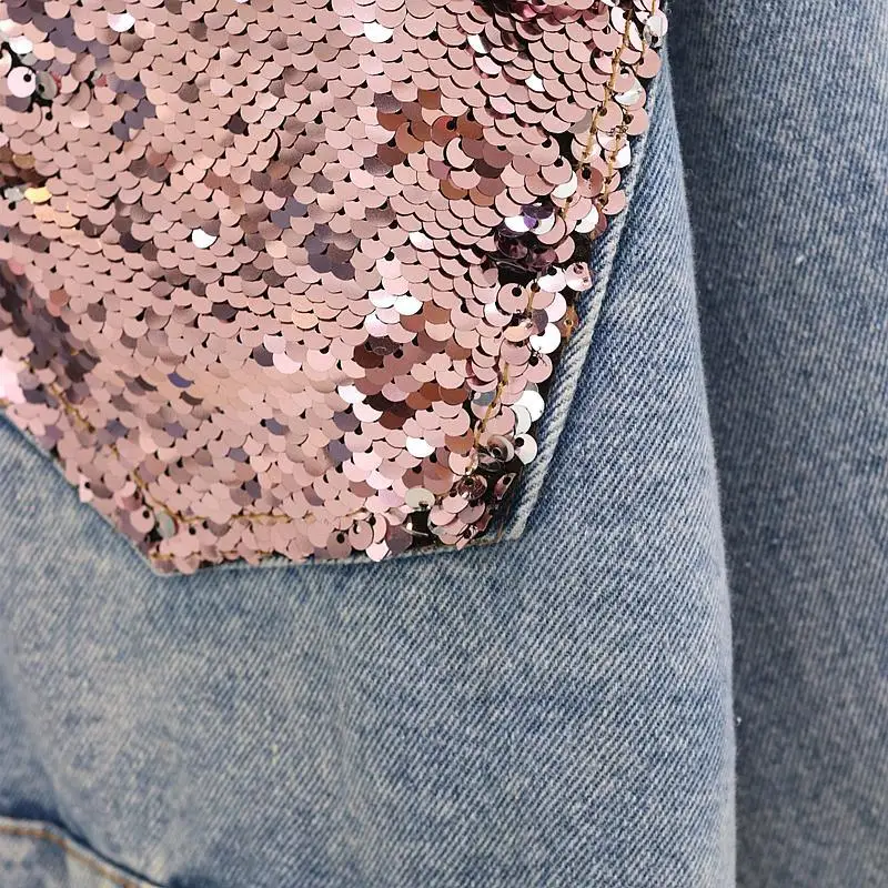 Hole denim short jacket female 2019 autumn new Korean version of the loose long-sleeved heavy work sequins student jacket shirt