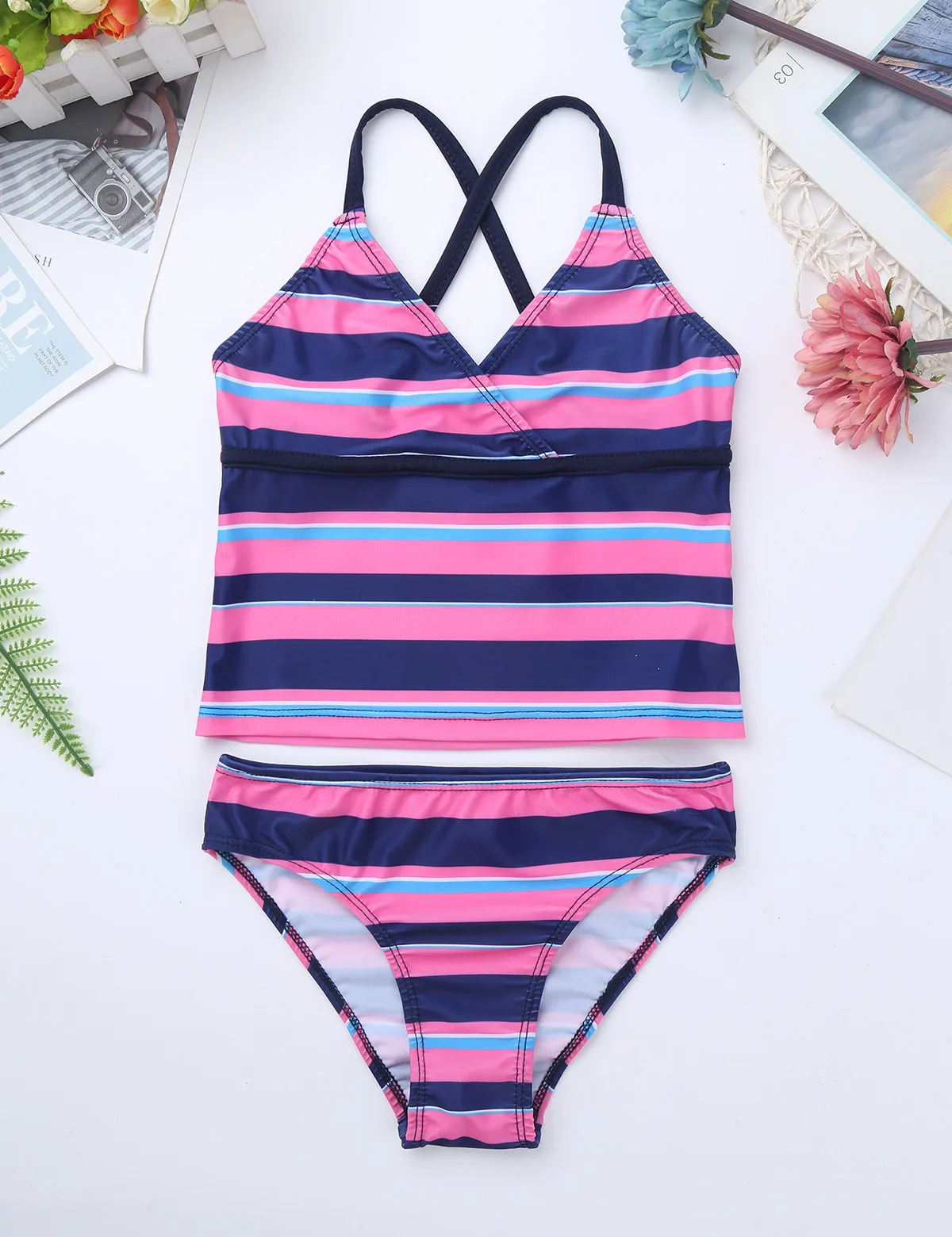 TiaoBug Kids Teens Tankini Spaghetti Straps Striped Swimsuit Swimwear Tops Bottoms Bikini Set Children Girls Beach Bathing Suits