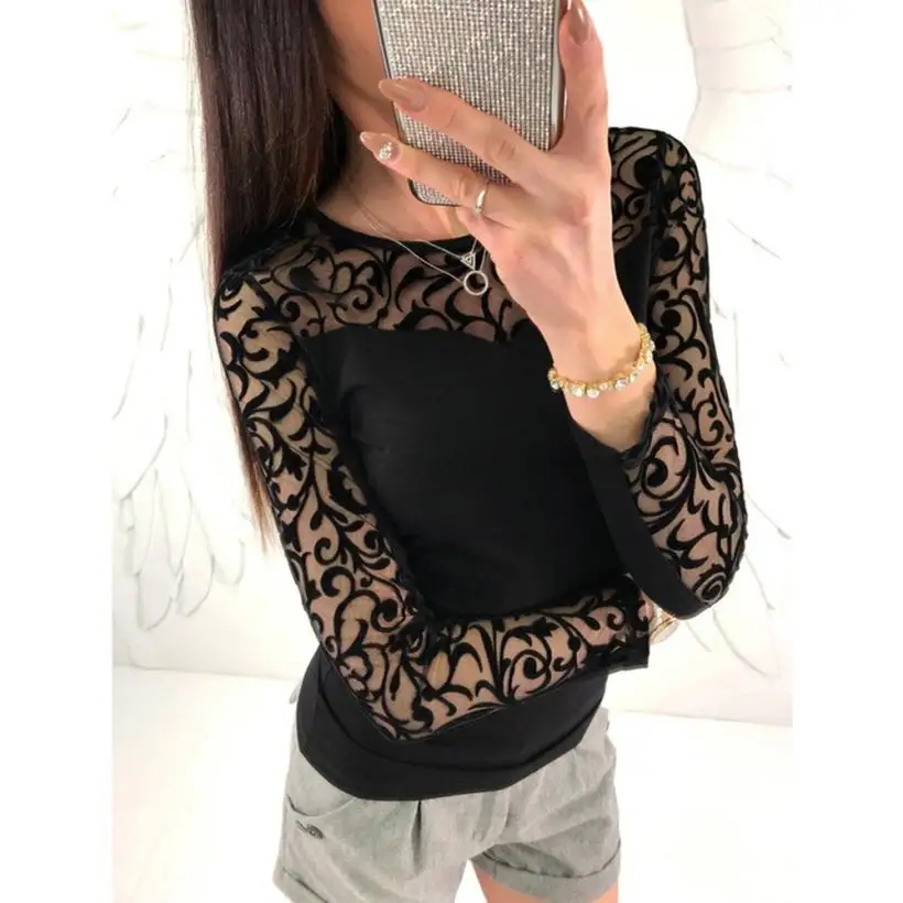 

Very cool to wear Blusa Feminina Women O Neck Lace Long Sleeve Tops Solid Blouse Shirt 2019 Best tops VE7