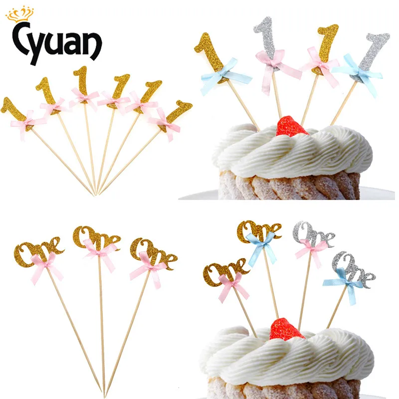 

12pcs/set Glitter Gold/Silver Number 1 Cake Topper With Ribbon Bow Kids First ONE Birthday Party Baby Shower Party Decoration