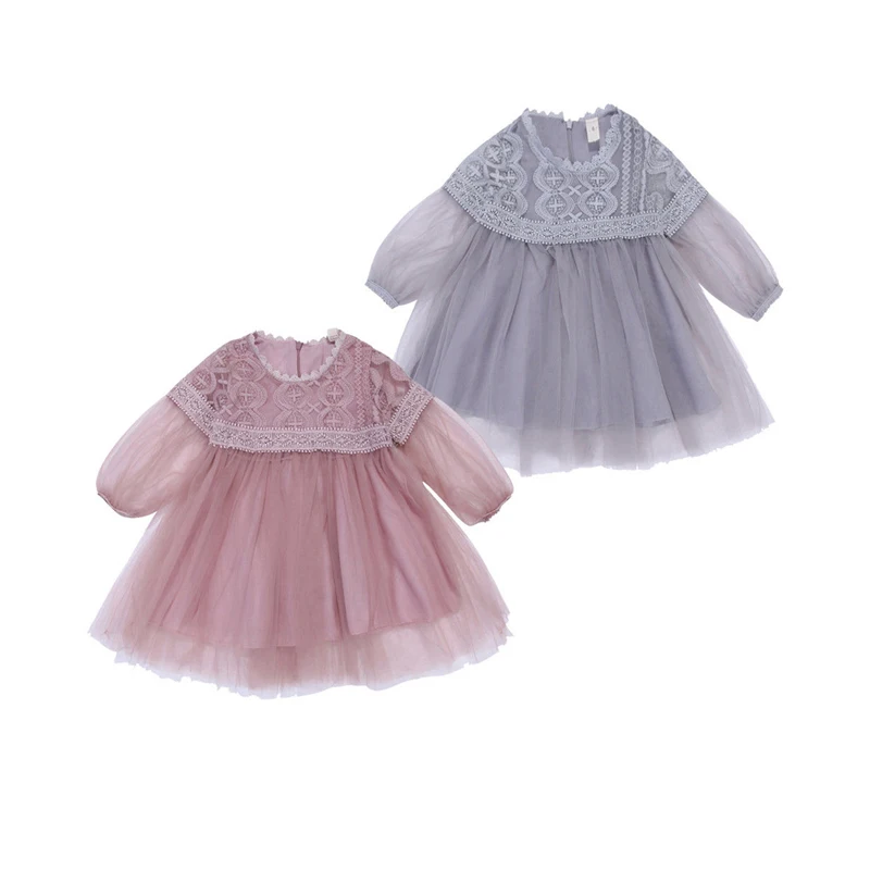 

Flower Lace Cute Princess Toddler Baby Girls Long Lantern Sleeve O-Neck Solid 2 Style Voile Tutu Dress Outfit Spring Summer