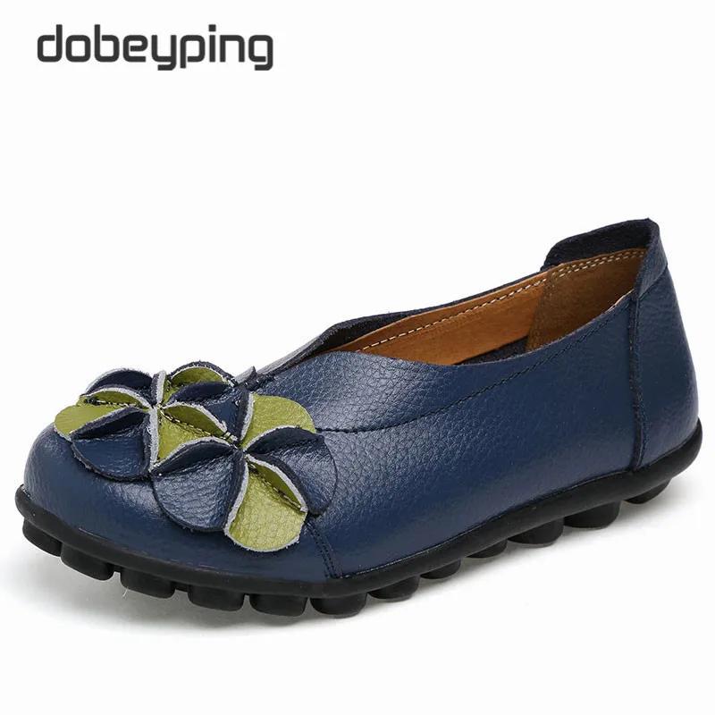 New Women Real Leather Shoes Flowers Mother Loafers Soft Leisure Flats Female Driving Casual Footwear Solid Boat Shoe Size 34-44