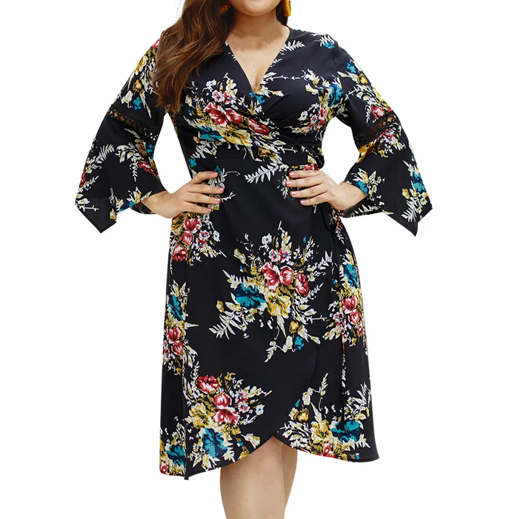 

2019 Summer Plus Size Women Cross Overlap V-Neck Flare Sleeve Floral Print Dress