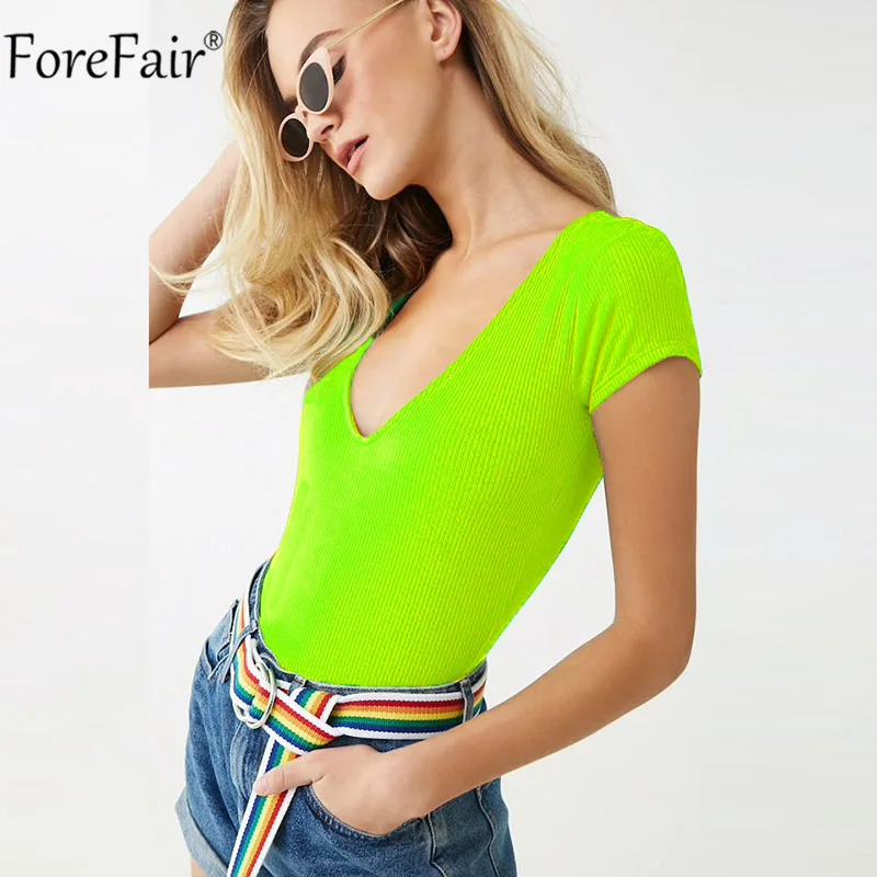 Forefair المرأة نحيل مثير ارتداءها الصيف 2019 السيدات أسود أبيض ضئيلة V الرقبة قصيرة الأكمام النيون ارتداءها