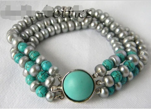 

Free shipping >>>>>>3Strands 8'' Gray Flat Round Freshwater Pearl Round Turquoise Bracelet