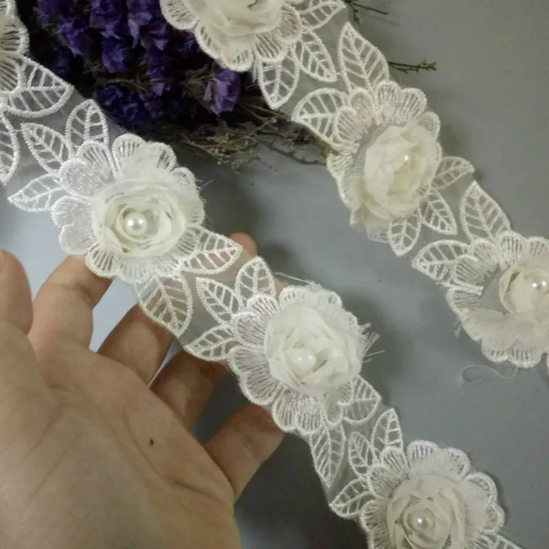 

2 Yard Soluble Ivory Rose Flower Pearl Chiffon Embroidered Lace Trim Ribbon Fabric Handmade Vintage Wedding Dress Sewing Craft