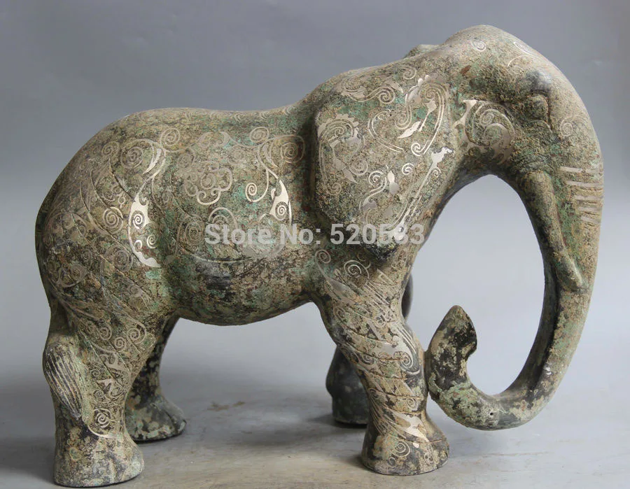 

16" Ancient Chinese Bronze Silver Elephant Auspicious Animal Statue Sculpture