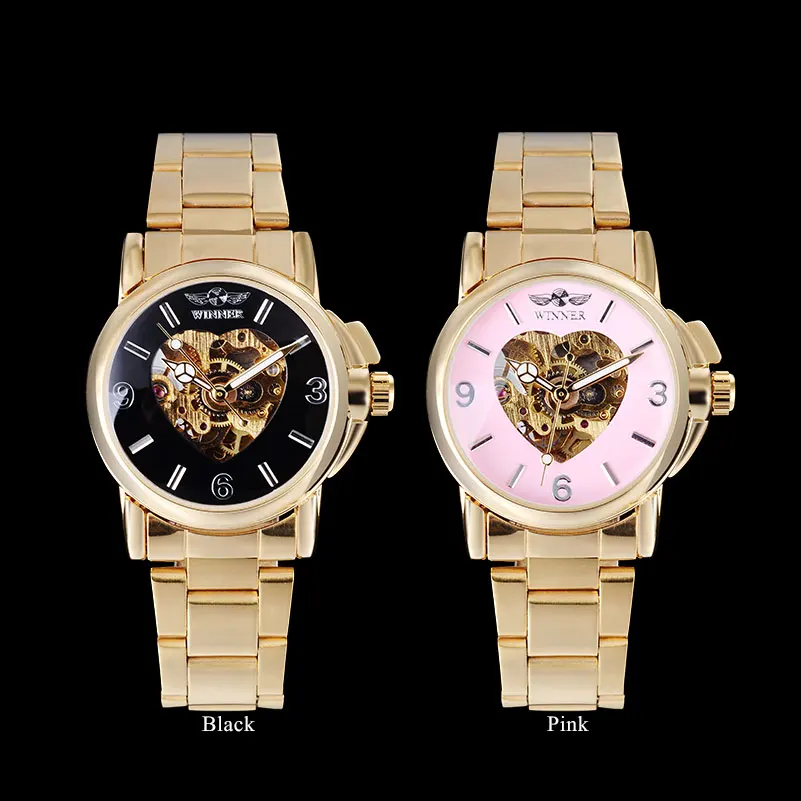 Победитель, известный бренд, женские часы, модные, автоматические, заводные часы, скелет, розовый циферблат, прозрачное стекло, браслет из нержавеющей стали