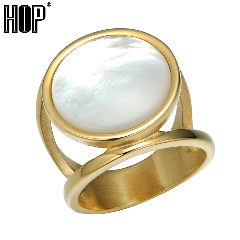 

HIP Elegant Round White Natural Shell Ring Gold Silver Color Stainless Steel Big Stone Rings for Men Women jewelry