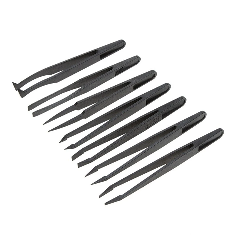 SHGO HOT-7pcs Black Plastic Antistatic Flat Bottomed Top End Tweezers Hand Tools Set | Инструменты