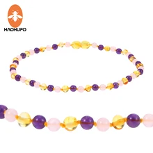 HAOHUPO 6 дизайнерское Янтарное ожерелье ювелирное изделие с натуральным розовым кварцем аметист драгоценный камень завязанный Прибалтики янтарь бижутерия для маленьких женщин