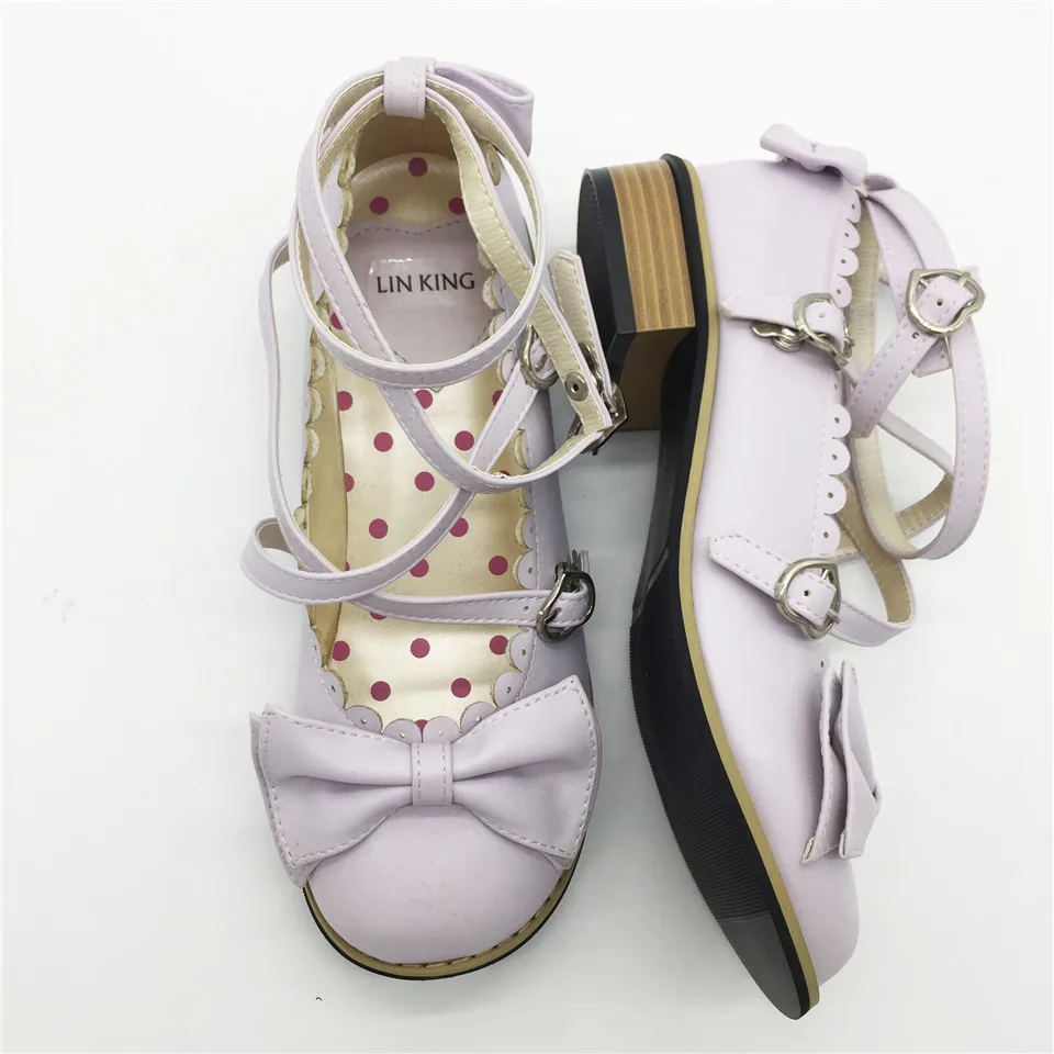 LIN KING/женские туфли-лодочки на низком каблуке с бантиком; модные туфли на квадратном каблуке с пряжкой и ремешками для костюмированной вечеринки; Туфли горничной и принцессы в стиле Лолиты; большие размеры