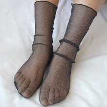 1 пара, черная тонкая рыболовная сетка, женские носки, нейлоновые модные блестящие/снежинки/точки/молнии/звезды, женские сексуальные летние сетчатые носки