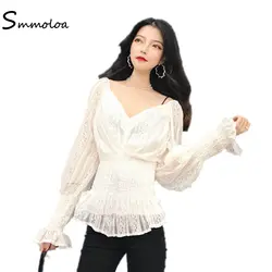 Smmoloa девочек Seyx кружевная блузка эластичный глубокий V шеи Кружева Рубашки в Корейском стиле топы