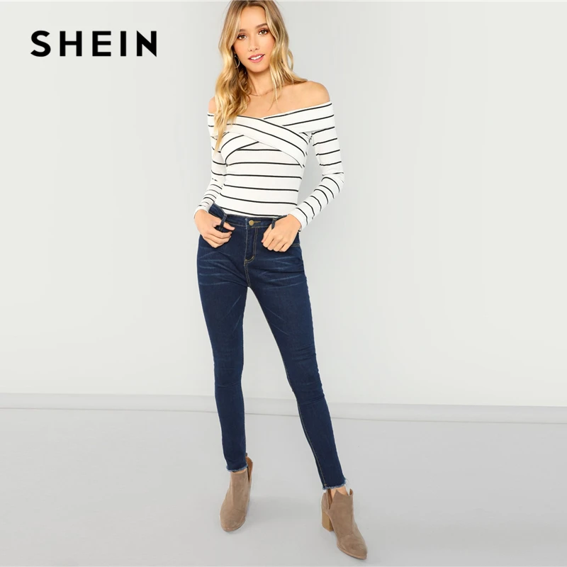 SHEIN Футболка В Полоску С Открытыми Плечами Женские Осенние Элегантные Топы С Длинными Рукавами